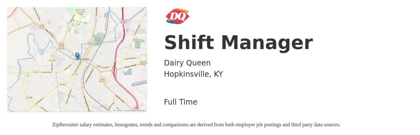 Dairy Queen job posting for a Shift Manager in Hopkinsville, KY with a salary of $13 to $16 Hourly with a map of Hopkinsville location.