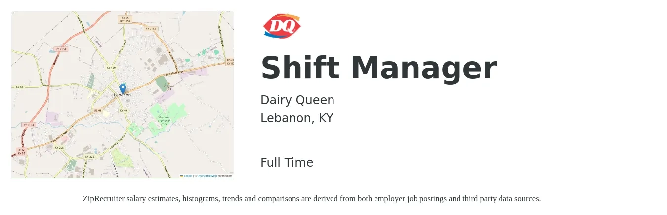 Dairy Queen job posting for a Shift Manager in Lebanon, KY with a salary of $13 to $16 Hourly with a map of Lebanon location.