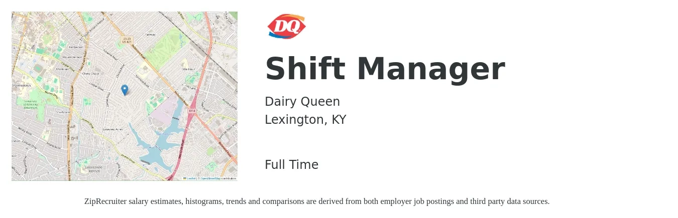 Dairy Queen job posting for a Shift Manager in Lexington, KY with a salary of $13 to $17 Hourly with a map of Lexington location.