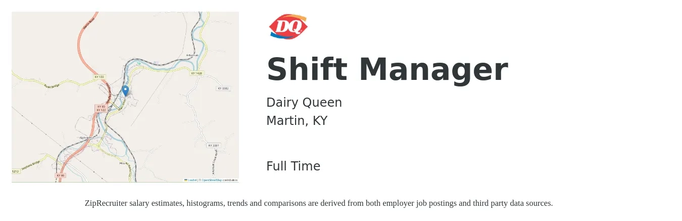 Dairy Queen job posting for a Shift Manager in Martin, KY with a salary of $11 to $14 Hourly with a map of Martin location.