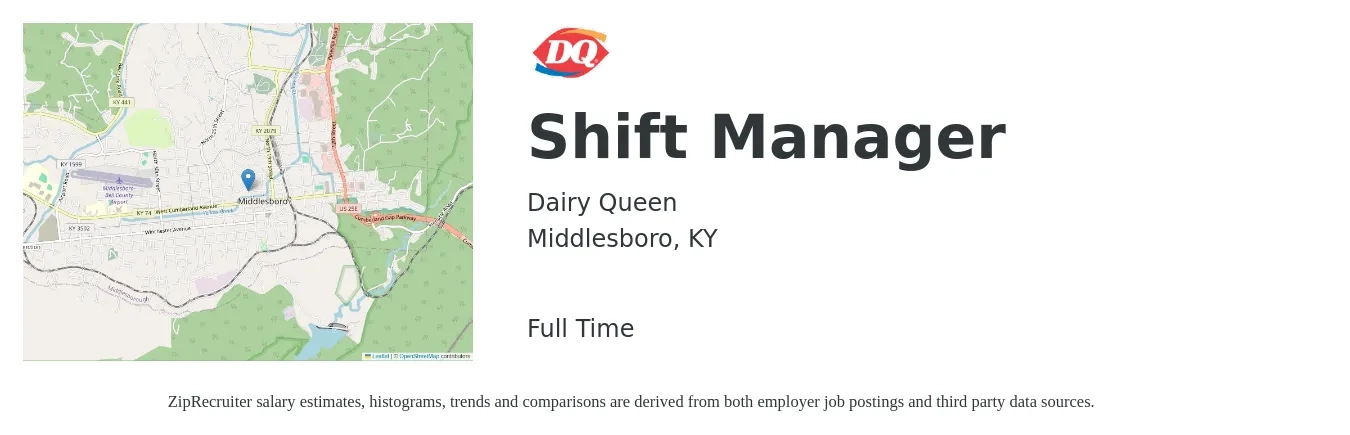 Dairy Queen job posting for a Shift Manager in Middlesboro, KY with a salary of $12 to $16 Hourly with a map of Middlesboro location.