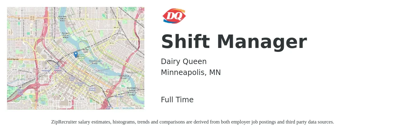 Dairy Queen job posting for a Shift Manager in Minneapolis, MN with a salary of $15 to $19 Hourly with a map of Minneapolis location.