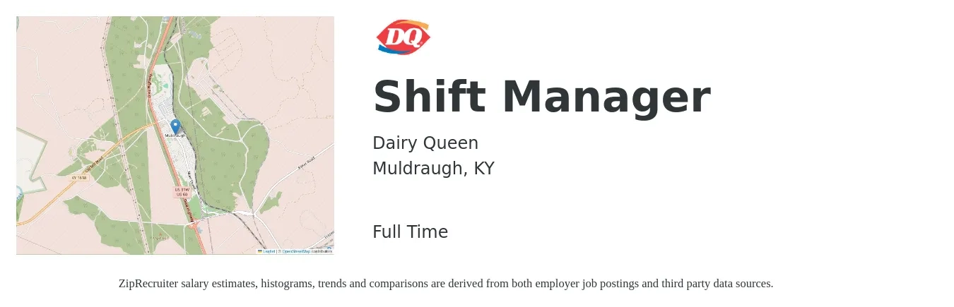 Dairy Queen job posting for a Shift Manager in Muldraugh, KY with a salary of $14 to $18 Hourly with a map of Muldraugh location.