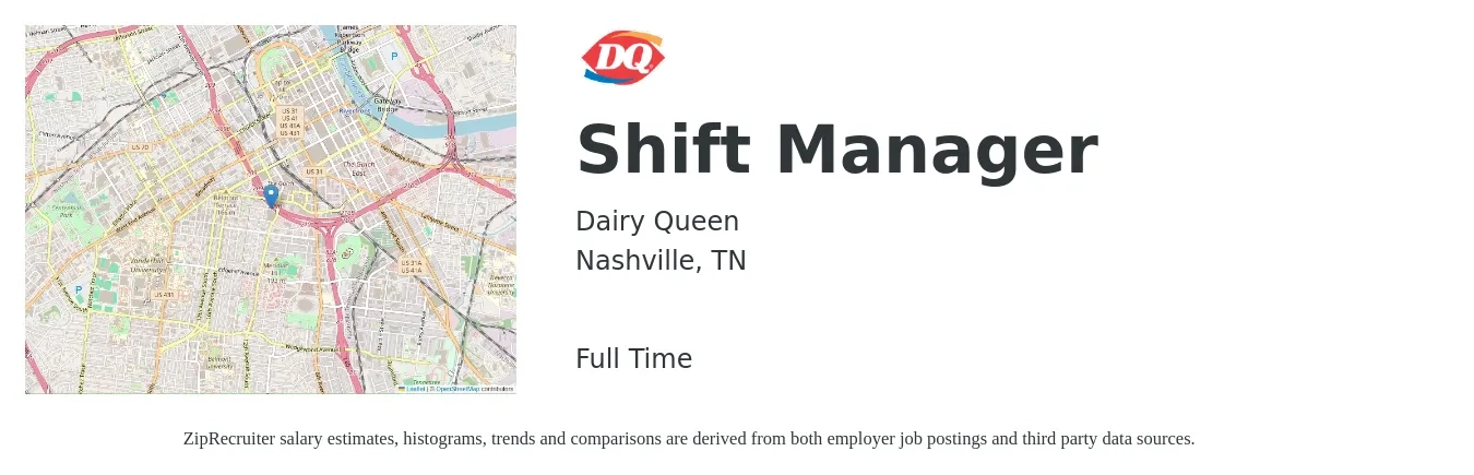 Dairy Queen job posting for a Shift Manager in Nashville, TN with a salary of $14 to $18 Hourly with a map of Nashville location.