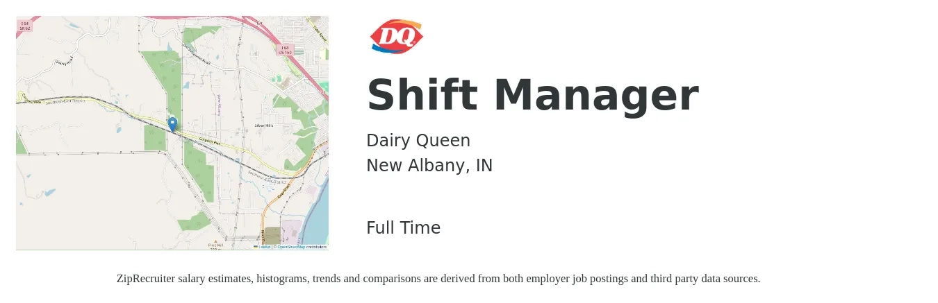 Dairy Queen job posting for a Shift Manager in New Albany, IN with a salary of $14 to $18 Hourly with a map of New Albany location.