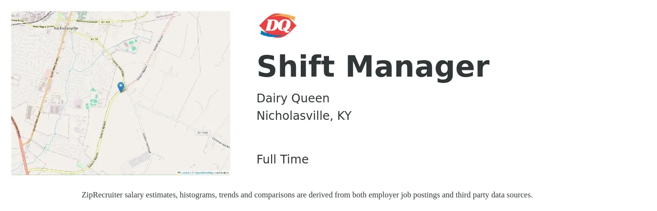 Dairy Queen job posting for a Shift Manager in Nicholasville, KY with a salary of $13 to $17 Hourly with a map of Nicholasville location.