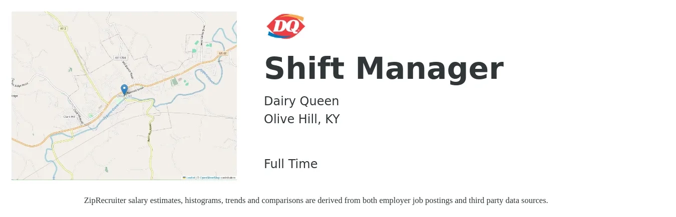 Dairy Queen job posting for a Shift Manager in Olive Hill, KY with a salary of $13 to $16 Hourly with a map of Olive Hill location.