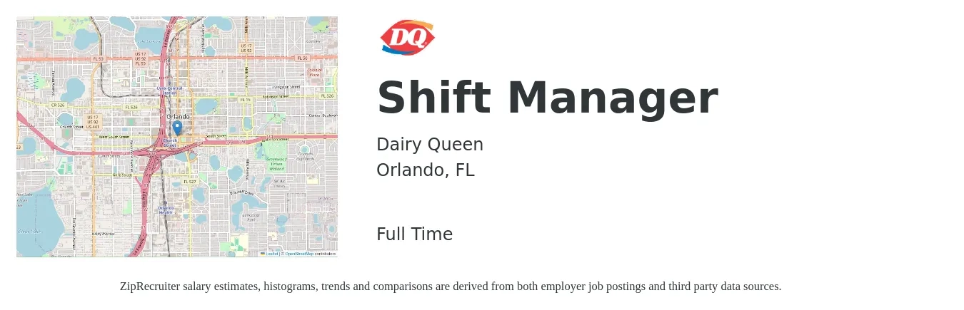 Dairy Queen job posting for a Shift Manager in Orlando, FL with a salary of $13 to $16 Hourly with a map of Orlando location.