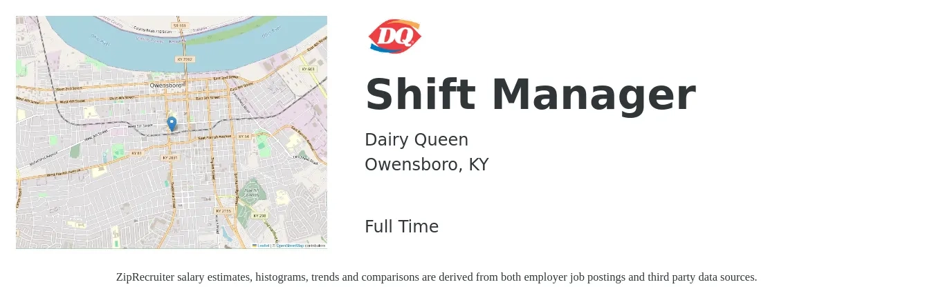 Dairy Queen job posting for a Shift Manager in Owensboro, KY with a salary of $15 to $19 Hourly with a map of Owensboro location.