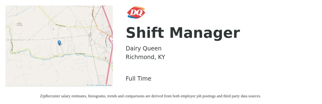 Dairy Queen job posting for a Shift Manager in Richmond, KY with a salary of $12 to $15 Hourly with a map of Richmond location.