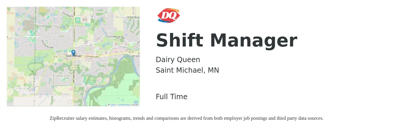 Dairy Queen job posting for a Shift Manager in Saint Michael, MN with a salary of $15 to $19 Hourly with a map of Saint Michael location.