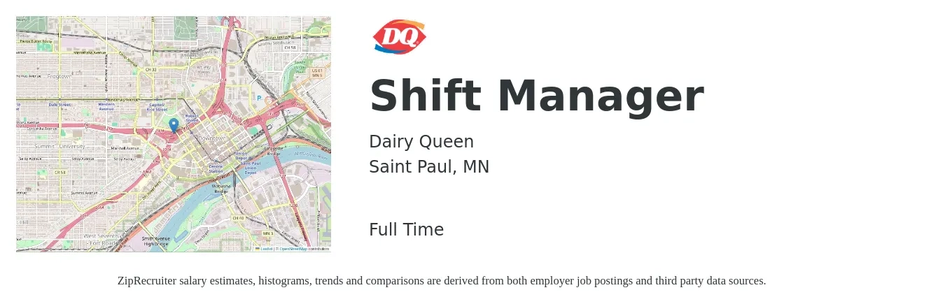 Dairy Queen job posting for a Shift Manager in Saint Paul, MN with a salary of $15 to $19 Hourly with a map of Saint Paul location.