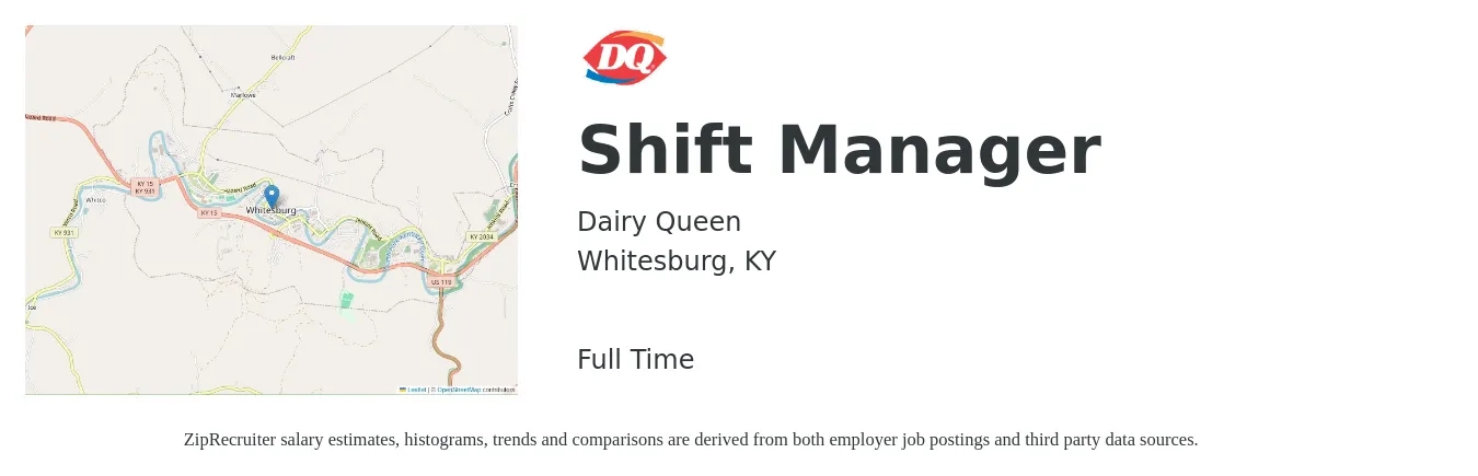 Dairy Queen job posting for a Shift Manager in Whitesburg, KY with a salary of $14 to $18 Hourly with a map of Whitesburg location.