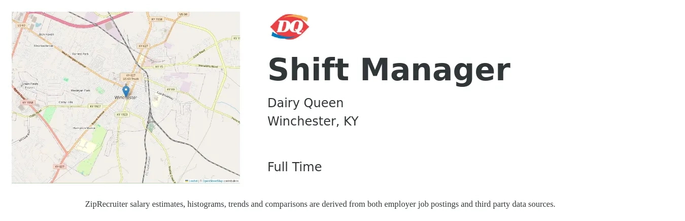 Dairy Queen job posting for a Shift Manager in Winchester, KY with a salary of $13 to $16 Hourly with a map of Winchester location.