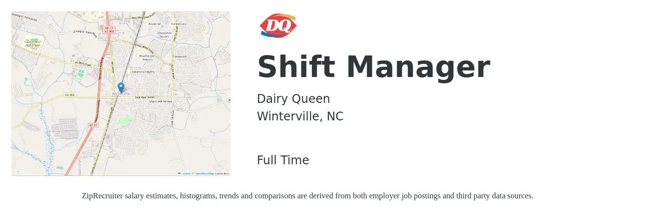 Dairy Queen job posting for a Shift Manager in Winterville, NC with a salary of $14 to $17 Hourly with a map of Winterville location.
