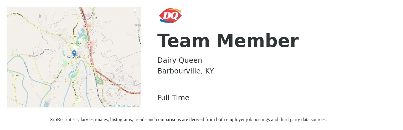 Dairy Queen job posting for a Team Member in Barbourville, KY with a salary of $10 to $13 Hourly with a map of Barbourville location.