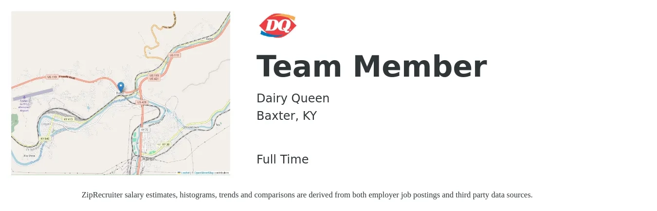 Dairy Queen job posting for a Team Member in Baxter, KY with a salary of $10 to $14 Hourly with a map of Baxter location.