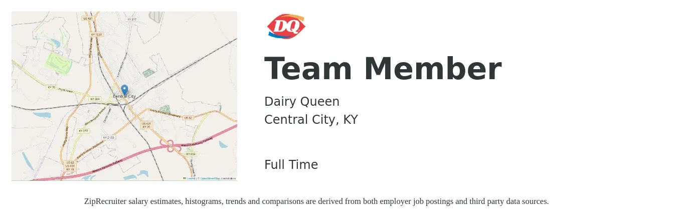 Dairy Queen job posting for a Team Member in Central City, KY with a salary of $9 to $12 Hourly with a map of Central City location.