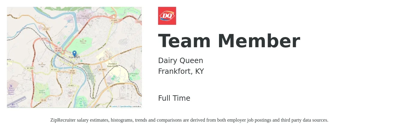 Dairy Queen job posting for a Team Member in Frankfort, KY with a salary of $10 to $14 Hourly with a map of Frankfort location.