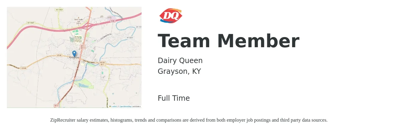 Dairy Queen job posting for a Team Member in Grayson, KY with a salary of $8 to $11 Hourly with a map of Grayson location.