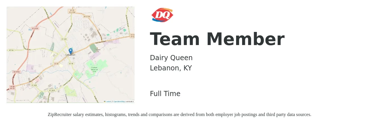 Dairy Queen job posting for a Team Member in Lebanon, KY with a salary of $10 to $14 Hourly with a map of Lebanon location.