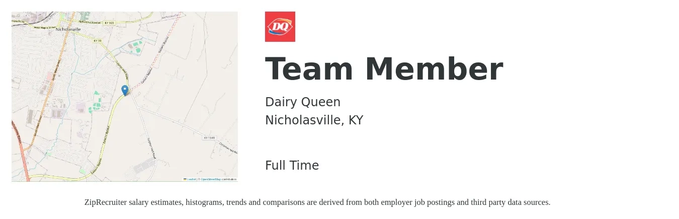 Dairy Queen job posting for a Team Member in Nicholasville, KY with a salary of $10 to $14 Hourly with a map of Nicholasville location.