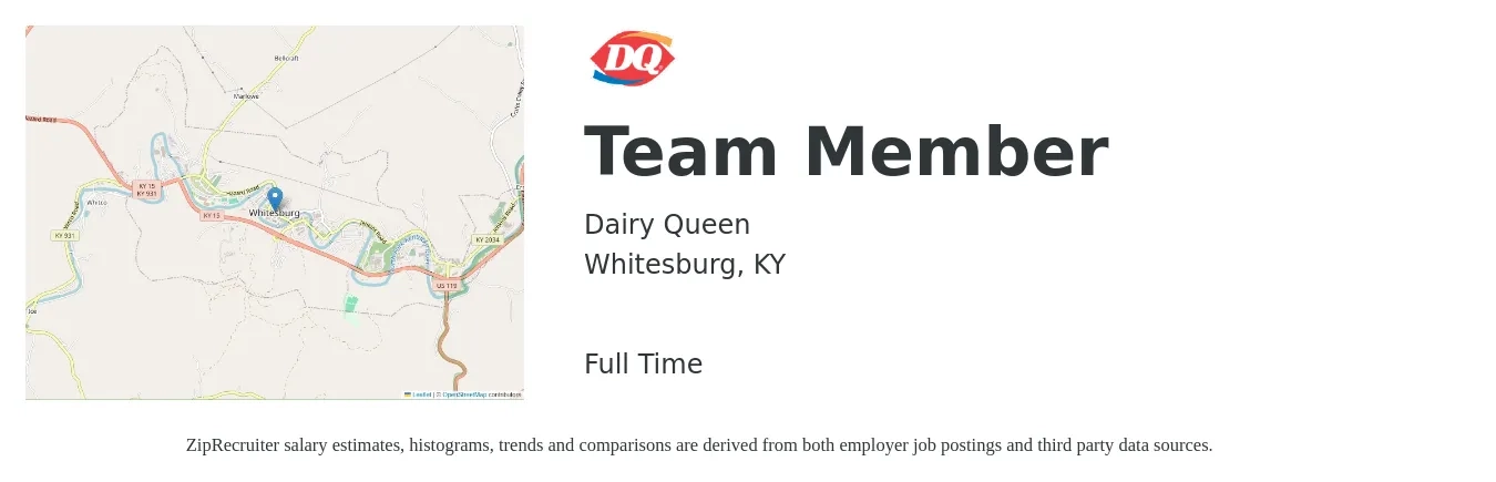Dairy Queen job posting for a Team Member in Whitesburg, KY with a salary of $11 to $14 Hourly with a map of Whitesburg location.