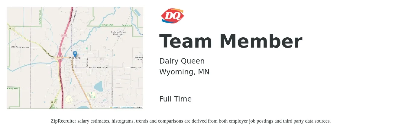 Dairy Queen job posting for a Team Member in Wyoming, MN with a salary of $12 to $16 Hourly with a map of Wyoming location.