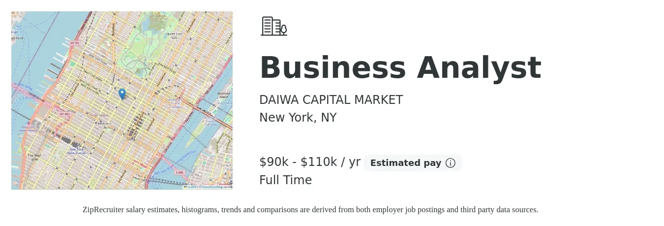 DAIWA CAPITAL MARKET job posting for a Business Analyst in New York, NY with a salary of $90,000 to $110,000 Yearly with a map of New York location.