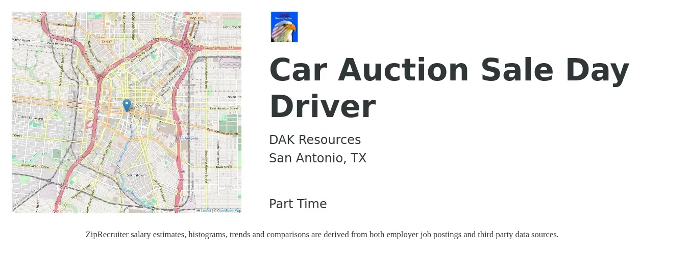 DAK Resources job posting for a Car Auction Sale Day Driver in San Antonio, TX with a salary of $15 Hourly with a map of San Antonio location.