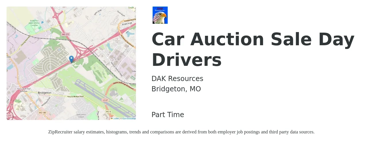 DAK Resources job posting for a Car Auction Sale Day Drivers in Bridgeton, MO with a salary of $15 Hourly with a map of Bridgeton location.