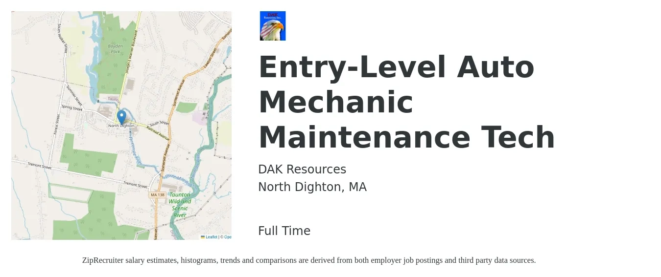 DAK Resources job posting for a Entry-Level Auto Mechanic Maintenance Tech in North Dighton, MA with a salary of $16 Hourly with a map of North Dighton location.