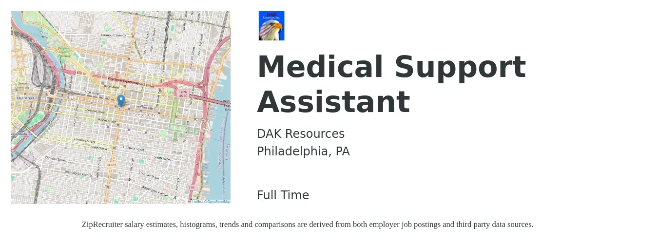 DAK Resources job posting for a Medical Support Assistant in Philadelphia, PA with a salary of $40,400 to $52,000 Yearly with a map of Philadelphia location.