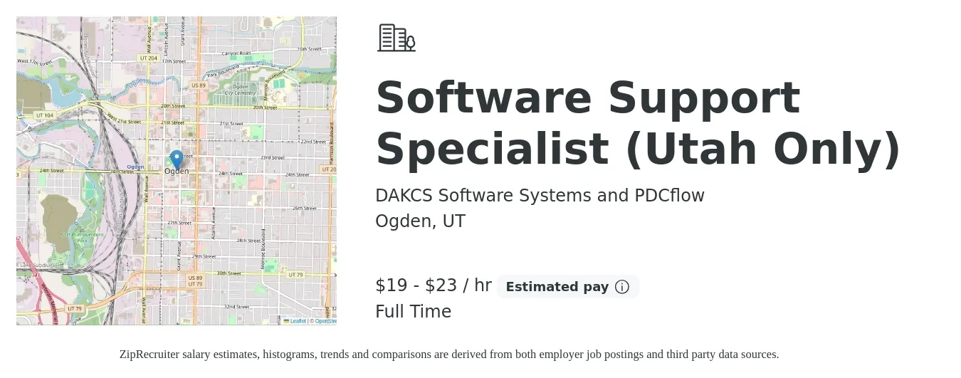 DAKCS Software Systems and PDCflow job posting for a Software Support Specialist (Utah Only) in Ogden, UT with a salary of $20 to $24 Hourly with a map of Ogden location.