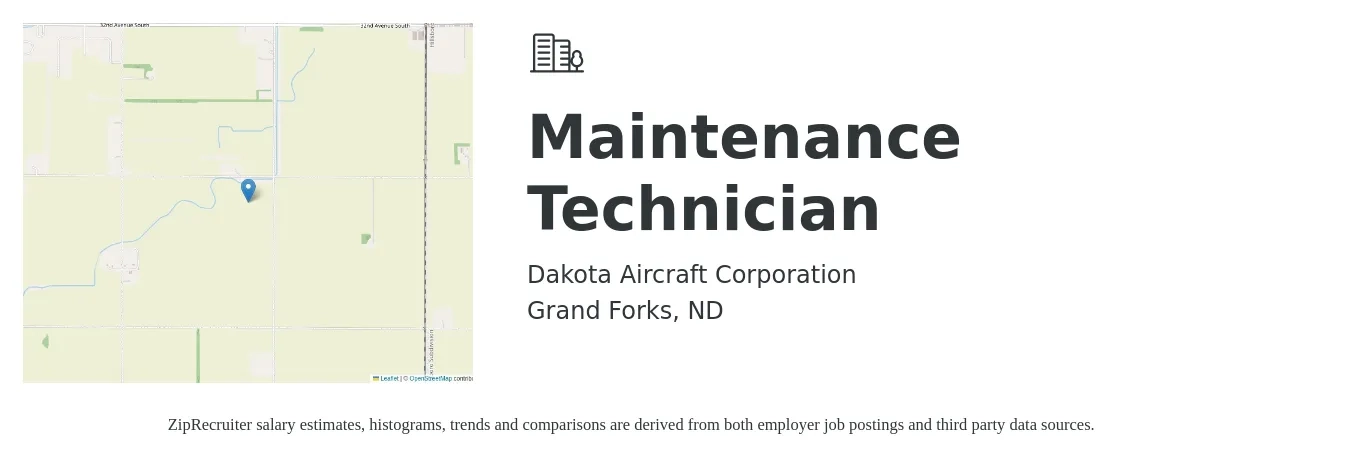 Dakota Aircraft Corporation job posting for a Maintenance Technician in Grand Forks, ND with a salary of $18 to $26 Hourly with a map of Grand Forks location.