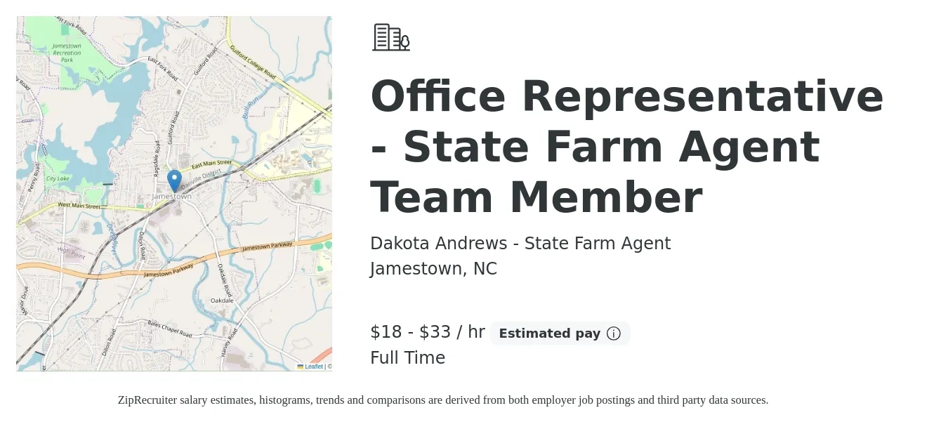 Dakota Andrews - State Farm Agent job posting for a Office Representative - State Farm Agent Team Member in Jamestown, NC with a salary of $17 to $35 Hourly with a map of Jamestown location.