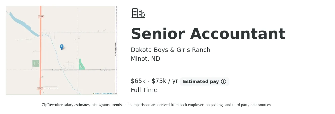 Dakota Boys & Girls Ranch job posting for a Senior Accountant in Minot, ND with a salary of $65,000 to $75,000 Yearly with a map of Minot location.