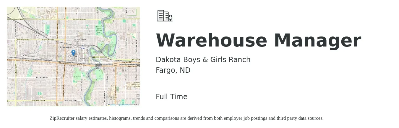 Dakota Boys & Girls Ranch job posting for a Warehouse Manager in Fargo, ND with a salary of $45,700 to $64,800 Yearly with a map of Fargo location.