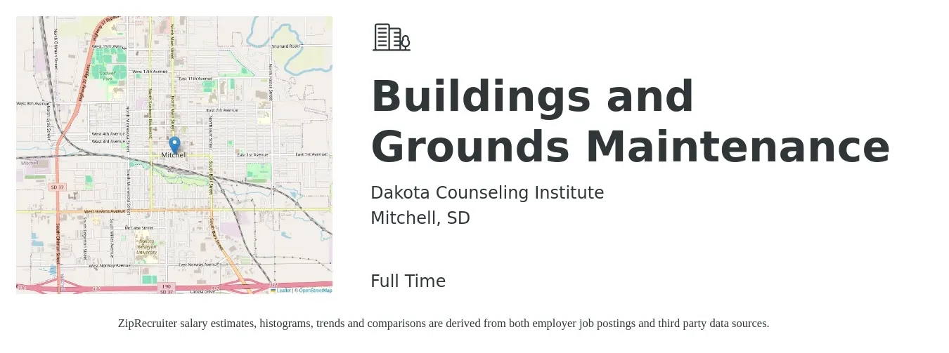 Dakota Counseling Institute job posting for a Buildings and Grounds Maintenance in Mitchell, SD with a salary of $15 to $20 Hourly with a map of Mitchell location.