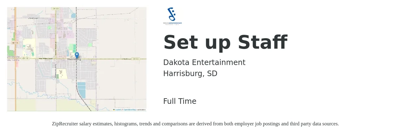 Dakota Entertainment job posting for a Set up Staff in Harrisburg, SD with a salary of $54,600 to $79,500 Yearly with a map of Harrisburg location.