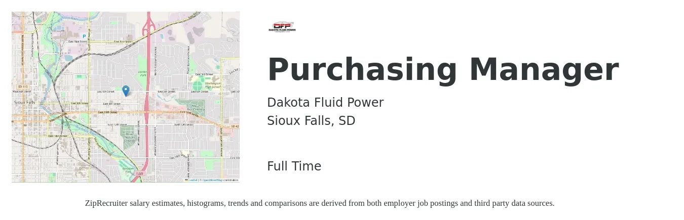 Dakota Fluid Power job posting for a Purchasing Manager in Sioux Falls, SD with a salary of $64,700 to $99,500 Yearly with a map of Sioux Falls location.