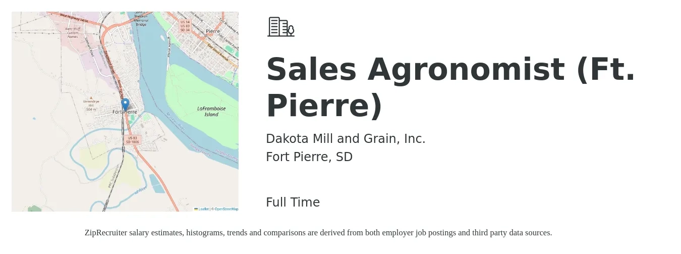Dakota Mill and Grain, Inc. job posting for a Sales Agronomist (Ft. Pierre) in Fort Pierre, SD with a salary of $37,400 to $60,300 Yearly with a map of Fort Pierre location.
