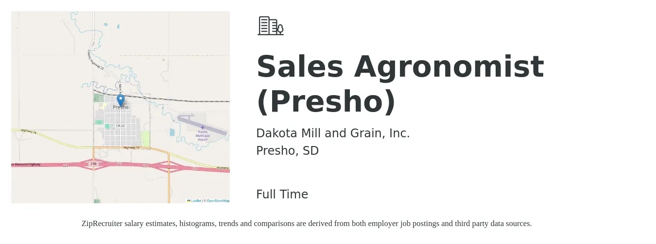 Dakota Mill and Grain, Inc. job posting for a Sales Agronomist (Presho) in Presho, SD with a salary of $36,800 to $59,300 Yearly with a map of Presho location.