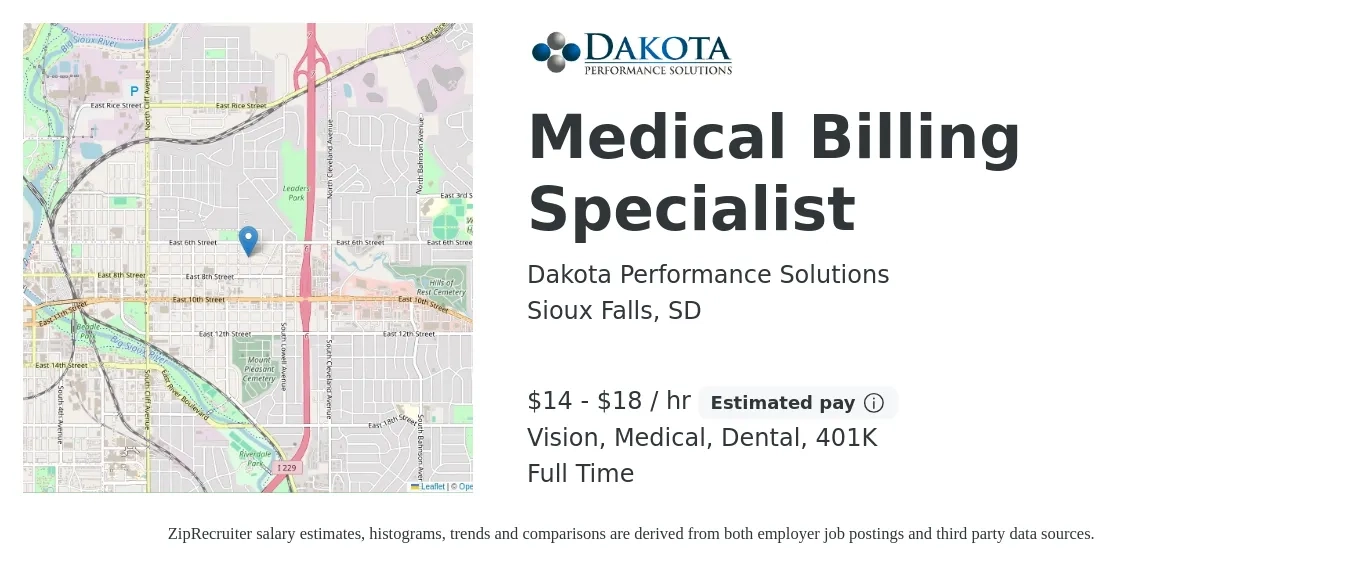 Dakota Performance Solutions job posting for a Medical Billing Specialist in Sioux Falls, SD with a salary of $15 to $19 Hourly and benefits including medical, vision, 401k, and dental with a map of Sioux Falls location.