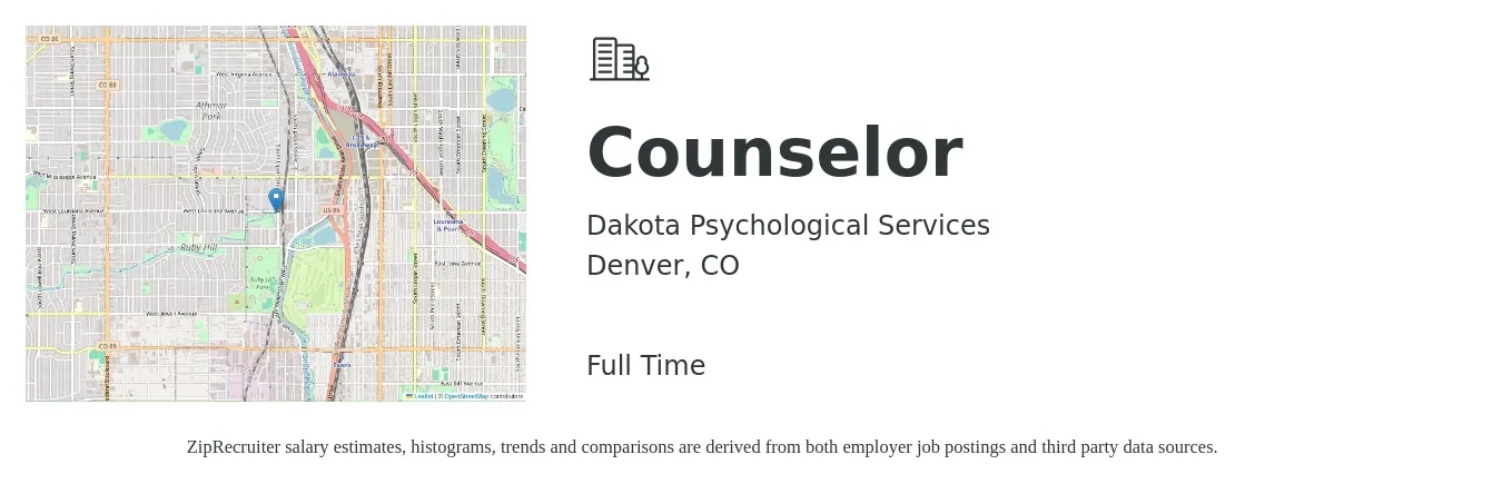 Dakota Psychological Services job posting for a Counselor in Denver, CO with a salary of $20 to $31 Hourly with a map of Denver location.