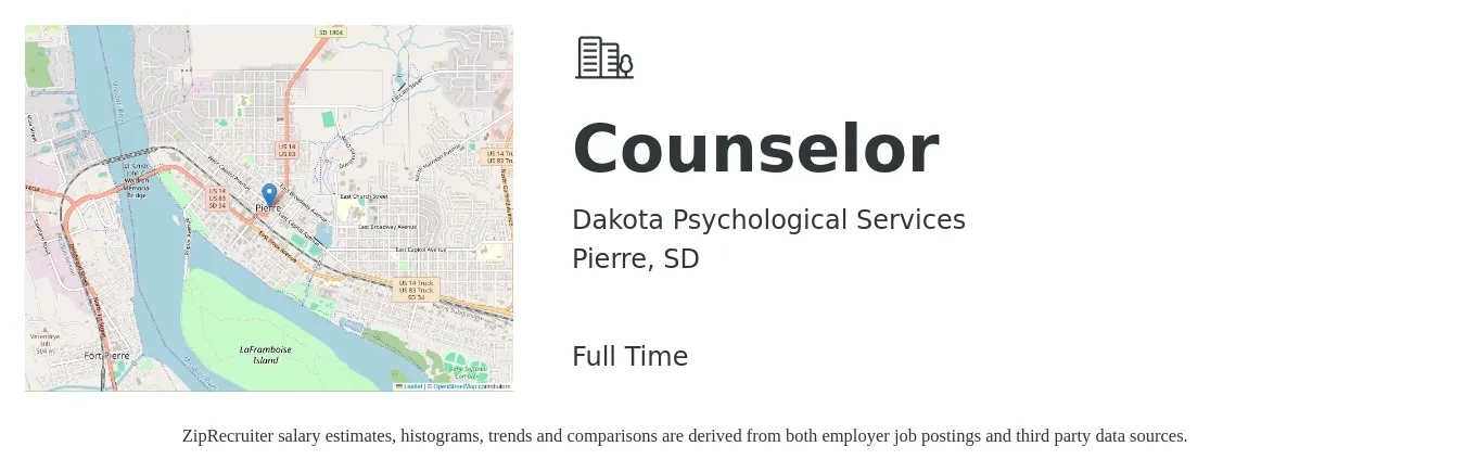 Dakota Psychological Services job posting for a Counselor in Pierre, SD with a salary of $20 to $30 Hourly with a map of Pierre location.