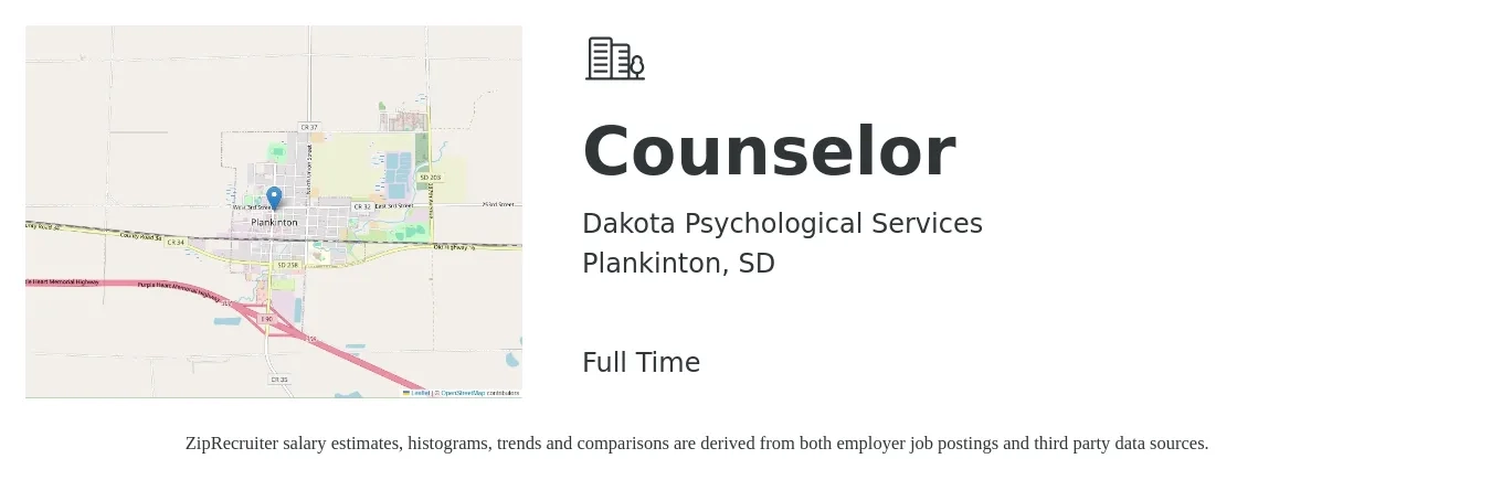 Dakota Psychological Services job posting for a Counselor in Plankinton, SD with a salary of $20 to $30 Hourly with a map of Plankinton location.