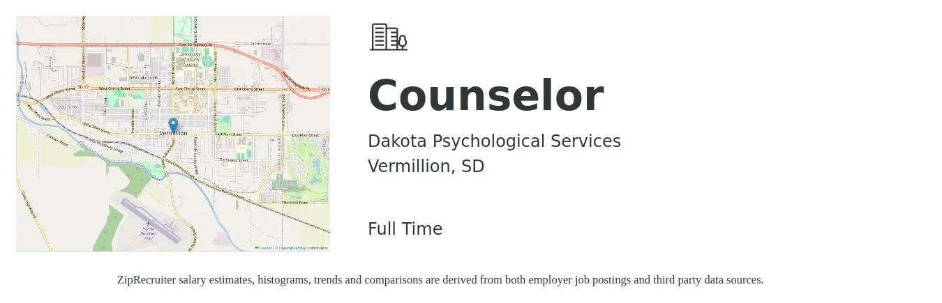 Dakota Psychological Services job posting for a Counselor in Vermillion, SD with a salary of $20 to $29 Hourly with a map of Vermillion location.