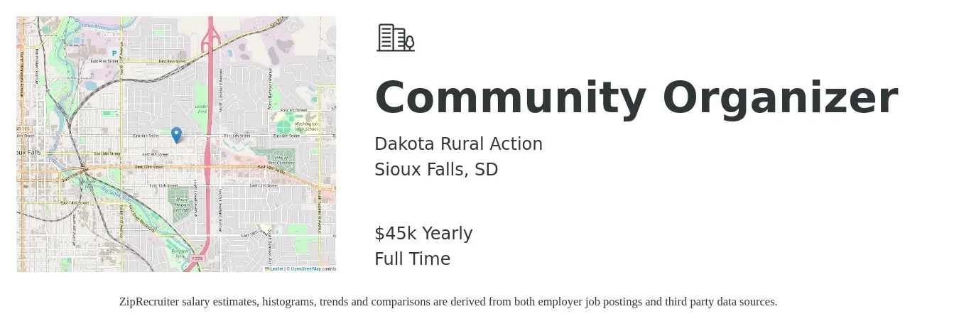 Dakota Rural Action job posting for a Community Organizer in Sioux Falls, SD with a salary of $45,000 Yearly with a map of Sioux Falls location.