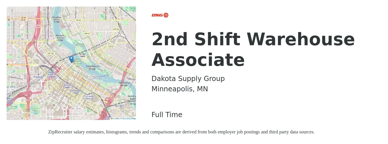Dakota Supply Group job posting for a 2nd Shift Warehouse Associate in Minneapolis, MN with a salary of $17 to $20 Hourly with a map of Minneapolis location.